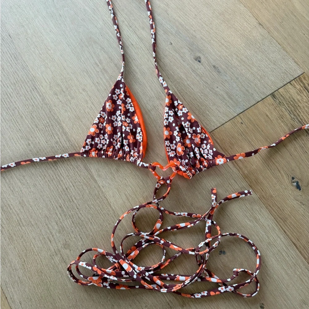 Floral Heart-Accent String Bikini - Brown & Orange